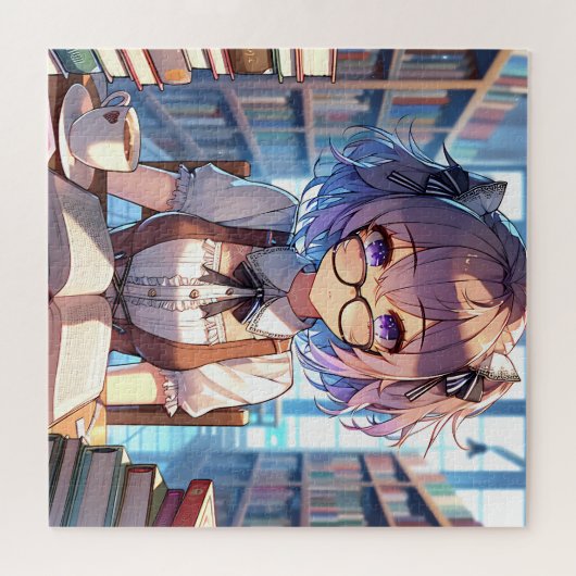 Smart Anime Girl in Library Reading Books Puzzle (Horizontal)