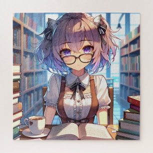 Smart Anime Girl in Library Reading Books Puzzle