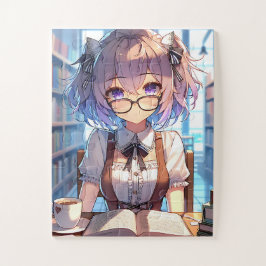 Smart Anime Girl in Library Reading Books Puzzle