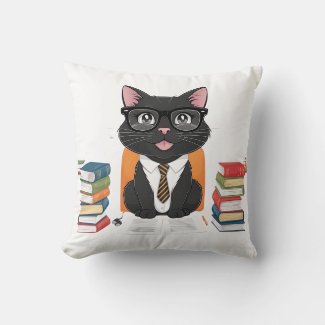 Smart Black Cat mit Brille - Funny Cartoon Kissen (Vorderseite)