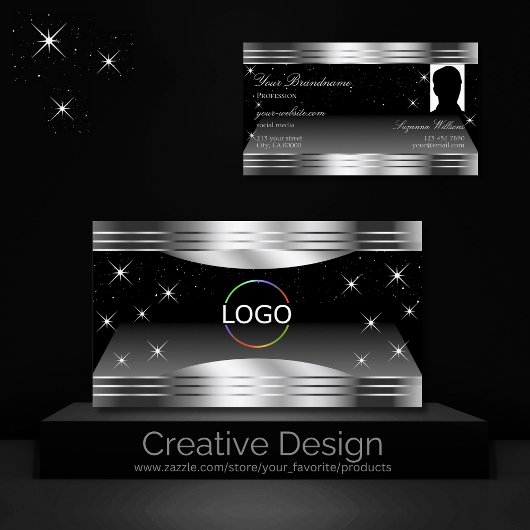 Smart Black Silver Shimmer Borders Logo und Foto Visitenkarte