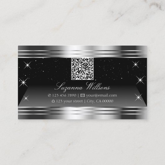 Smart Black Silver Shimmer Grenzen mit QR Code Visitenkarte (Rückseite)