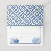 Smart Blue and White Pumpkins Hochzeitsempfang Platzkarte (Außenseite Aufgefaltet)