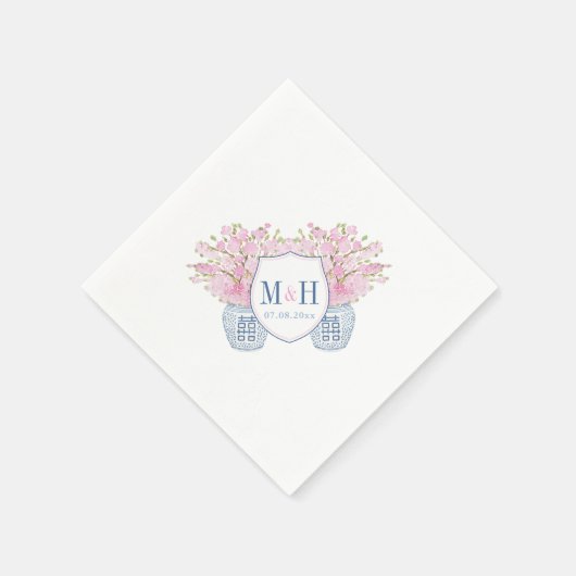 Smart Blue Pink Monogram Chinoiserie Chic Wedding Serviette (Ecke)