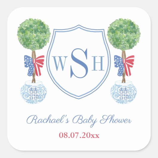 Smart Boxwood Monogram Wappen Polterabend Bevorzug Quadratischer Aufkleber (Vorderseite)