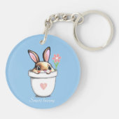 Smart Bunny mit Blume & Herz auf Light Blue Schlüsselanhänger (Rückseite)
