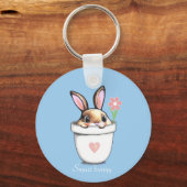 Smart Bunny mit Blume & Herz auf Light Blue Schlüsselanhänger (Rückseite)