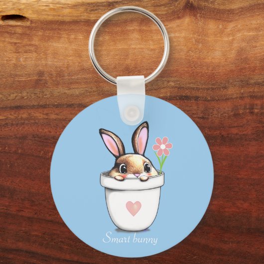 Smart Bunny mit Blume & Herz auf Light Blue Schlüsselanhänger (Rückseite)