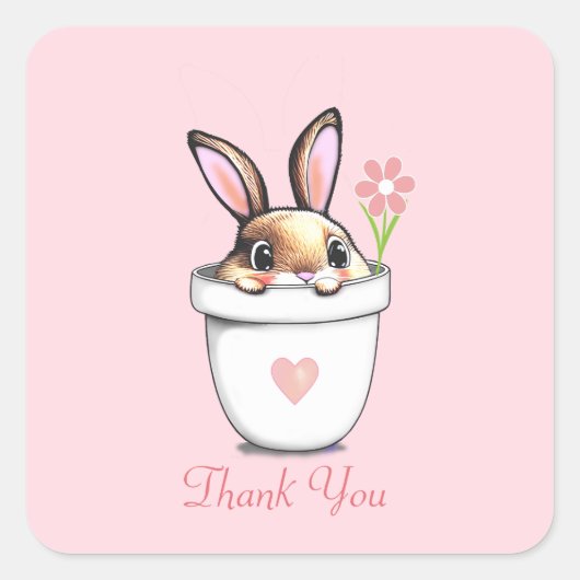 Smart Bunny mit Blume & Herz auf Light Pink Quadratischer Aufkleber (Vorderseite)