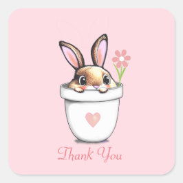Smart Bunny mit Blume & Herz auf Light Pink Quadratischer Aufkleber