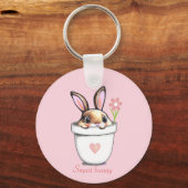 Smart Bunny mit Blume & Herz auf Light Pink Schlüsselanhänger (Rückseite)