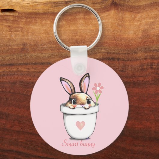 Smart Bunny mit Blume & Herz auf Light Pink Schlüsselanhänger (Vorderseite)