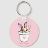 Smart Bunny mit Blume & Herz auf Light Pink Schlüsselanhänger (Rückseite)