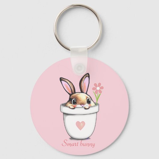 Smart Bunny mit Blume & Herz auf Light Pink Schlüsselanhänger (Rückseite)