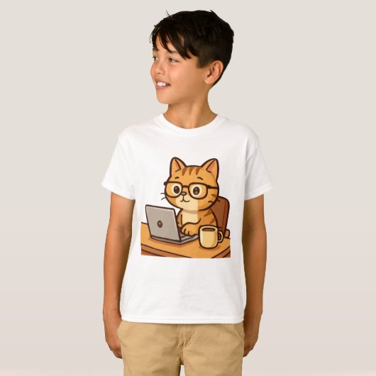 Smart Cat Arbeiten aus Zuhause Illustration T-Shirt (Vorne ganz)