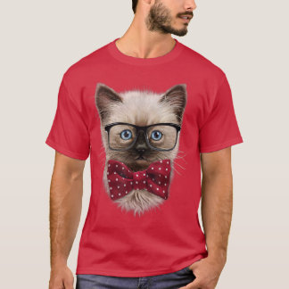 Smart Looking Siamese Cat, Nerd Eyeglass, Bow Kraw T-Shirt