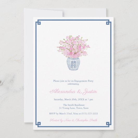 Smart Navy Blue & Pink Ginger Jar Engagement Party Einladung (Vorderseite)