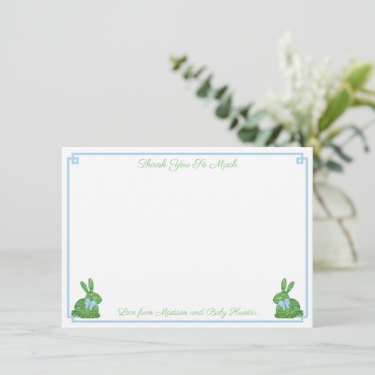 Smart Pale Blue Boxwood Bunny Boy Baby Dusche Dankeskarte (Stehend Vorderseite)