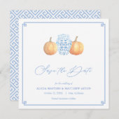 Smart Pumpkins Chinoiserie Blau und Weiß Hochzeit Save The Date (Vorne/Hinten)