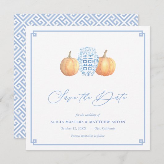 Smart Pumpkins Chinoiserie Blau und Weiß Hochzeit Save The Date (Vorne/Hinten)