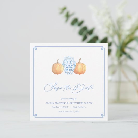 Smart Pumpkins Chinoiserie Blau und Weiß Hochzeit Save The Date (Stehend Vorderseite)