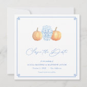 Smart Pumpkins Chinoiserie Blau und Weiß Hochzeit Save The Date (Vorderseite)