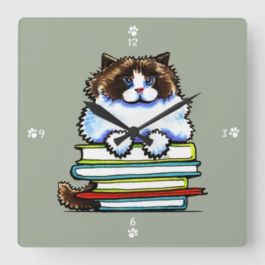 Smart Ragdoll Kitty Books Quadratische Wanduhr (Vorderseite)