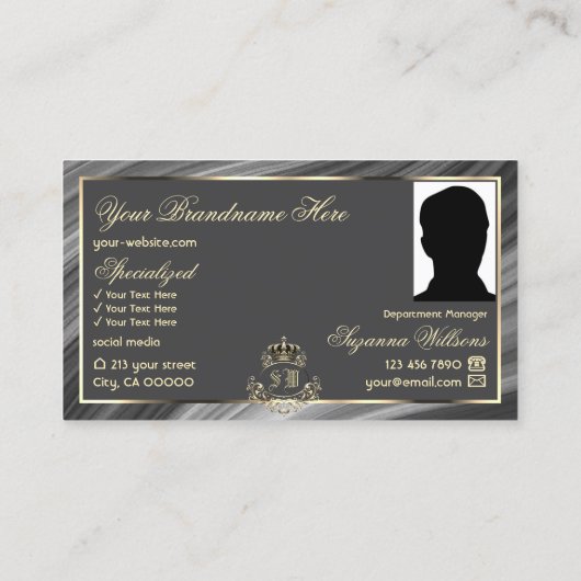 Smart Royal Gray Gold Crown mit Monogram Foto Visitenkarte (Rückseite)