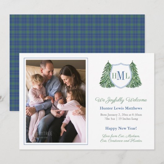 Smart Winter Blue Green Foto Baby Boy Birth Ankündigung (Vorne/Hinten)