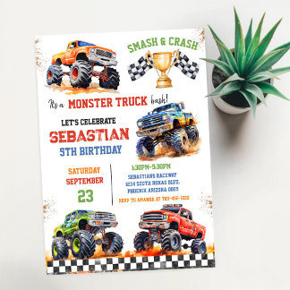 Smash & Crash Es ist Monster Truck Bash Jungen-Geb Einladung