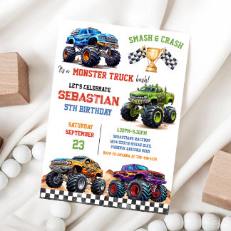 Smash & Crash Es ist Monster Truck Bash Jungen-Geb Einladung