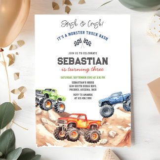 Smash & Crash Es ist Monster Truck Bash Jungen-Geb Einladung