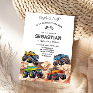 Smash & Crash Es ist Monster Truck Bash Jungen-Geb Einladung