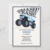 Smash Crash Modern Blue Monster Truck Birthday Einladung (Vorderseite)