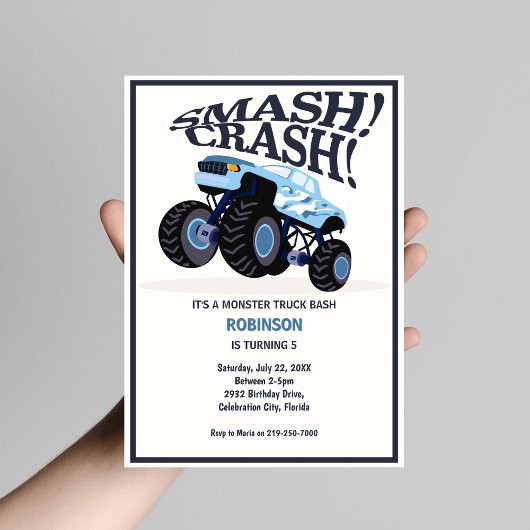 Smash Crash Modern Blue Monster Truck Birthday Einladung