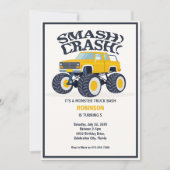 Smash Crash - Modern Yellow Monster Truck Birthday Einladung (Vorderseite)