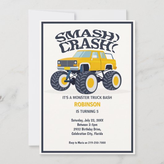 Smash Crash - Modern Yellow Monster Truck Birthday Einladung (Vorderseite)