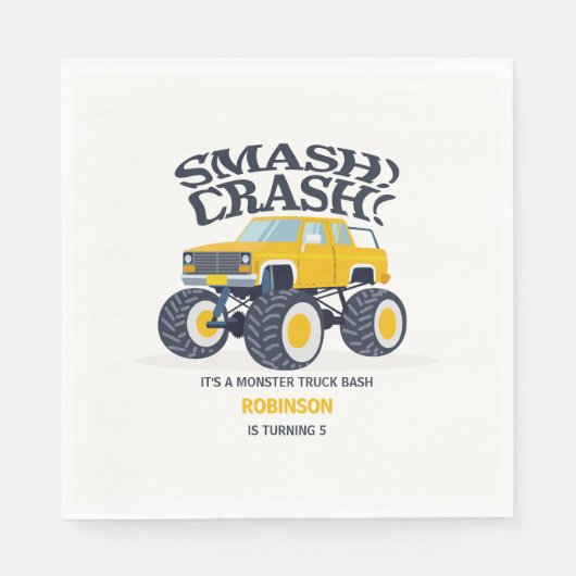 Smash Crash - Modern Yellow Monster Truck Birthday Serviette (Vorderseite)