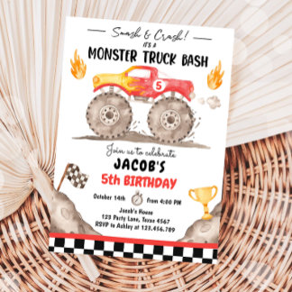 Smash Crash Monster Truck Bash Red Boy Geburtstag Einladung