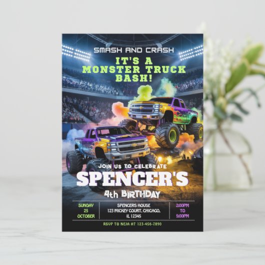 Smash & Crash Monster Truck Birthday Einladung (Stehend Vorderseite)