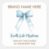 Smells Like Christmas | Blue Bow Candle Labels Quadratischer Aufkleber (Vorderseite)