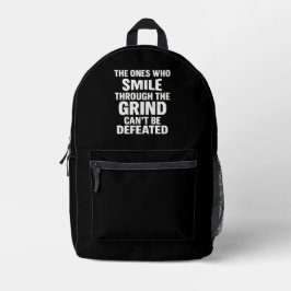 Smile-Grind-Gymnastik-Zitat mit weißem Text Bedruckter Rucksack