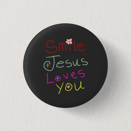 „Smile Jesus liebt dich“ Farbige Schrift Button (Vorderseite)