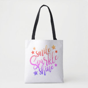 Smile Sparkle und Shine Moderner Regenbogentext Tasche