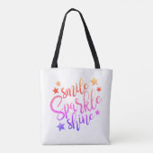 Smile Sparkle und Shine Moderner Regenbogentext Tasche (Rückseite)