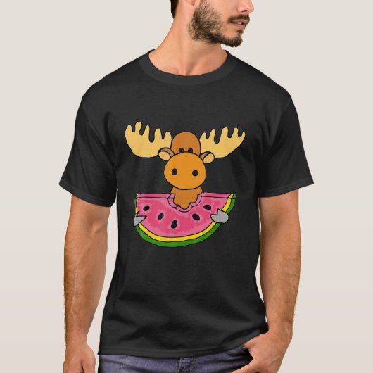 Smilenows Funny Moose Eating Watermelon Cartoon T-Shirt (Vorderseite)