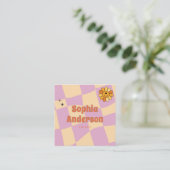Smiley Blume Retro Checkerboard - Peach & Lila Quadratische Visitenkarte (Stehend Vorderseite)