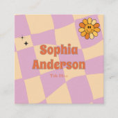 Smiley Blume Retro Checkerboard - Peach & Lila Quadratische Visitenkarte (Vorderseite)