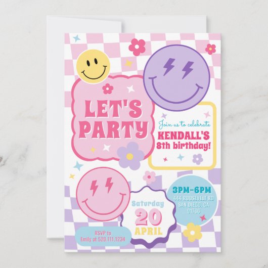 Smiley Preppy Face Colorful Birthday Invitation Einladung (Vorderseite)