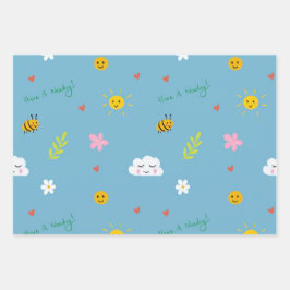 Smiley Wolken, Bienen und Blume Nahtloses Muster Geschenkpapier Set